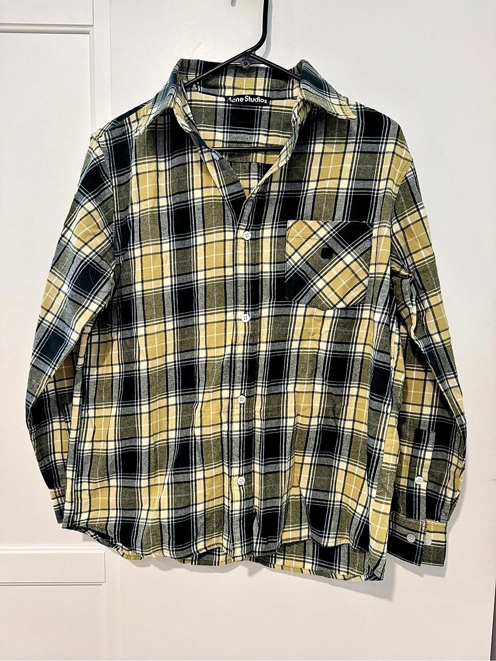 Acne Studios Flannel Button-Up Shirt Green Multi Plaid Cotton Button Down in